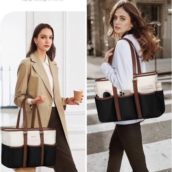 Brand New Multi-Pocket Work Tote Bag 15.6in Black-Beige-Brown Zipper - Picture 9 of 9